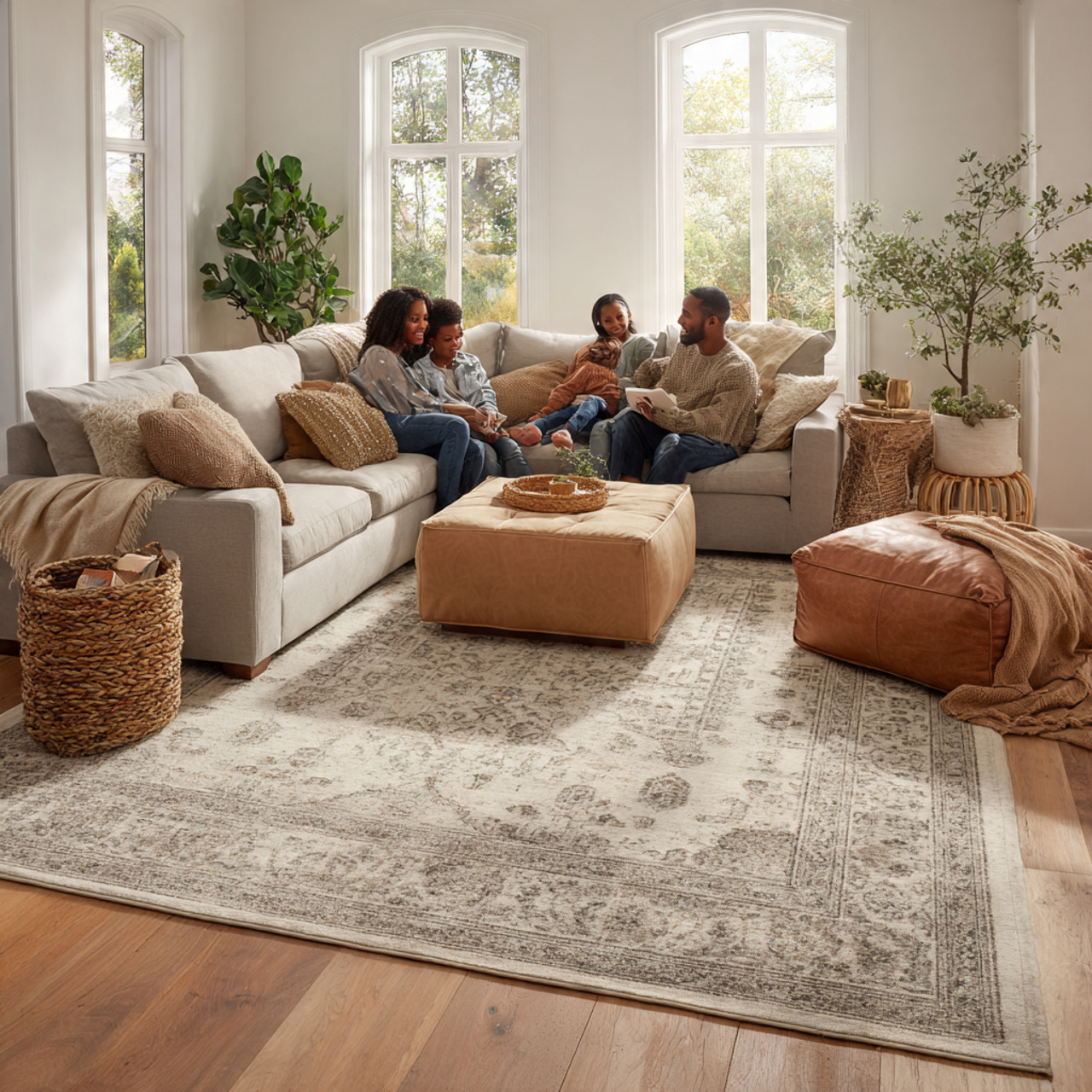 a cozy living room with a large durable area rug a 1