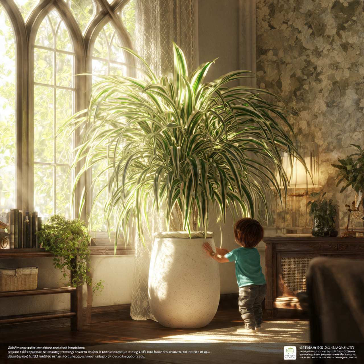 a cozy living room with a spider plant on a pedest