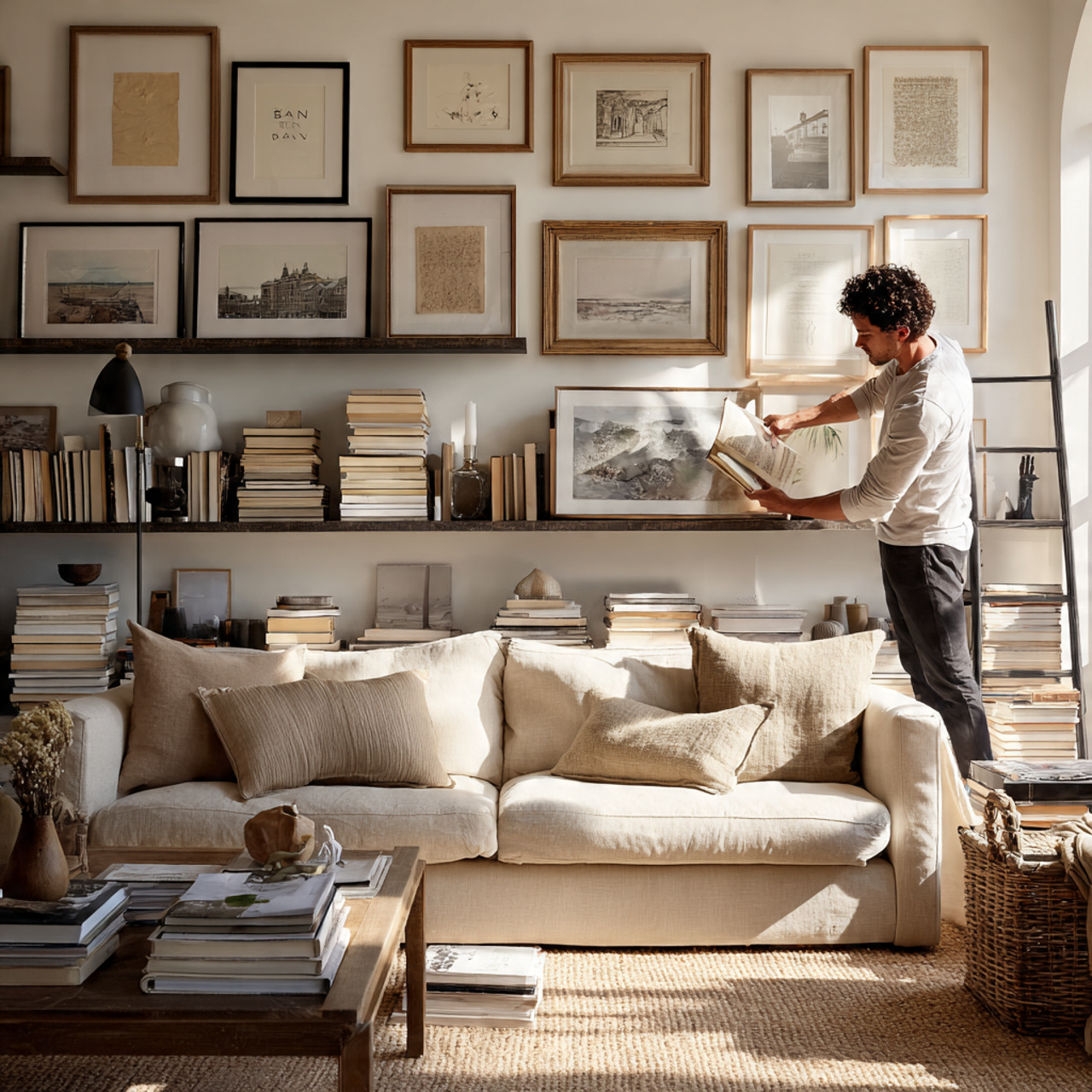 a cozy living room with floating shelves displayin