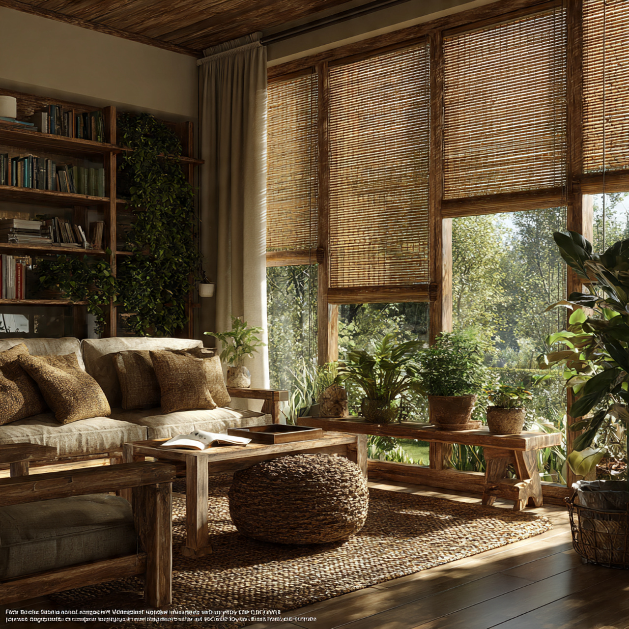 a cozy living room with natural bamboo shade livin