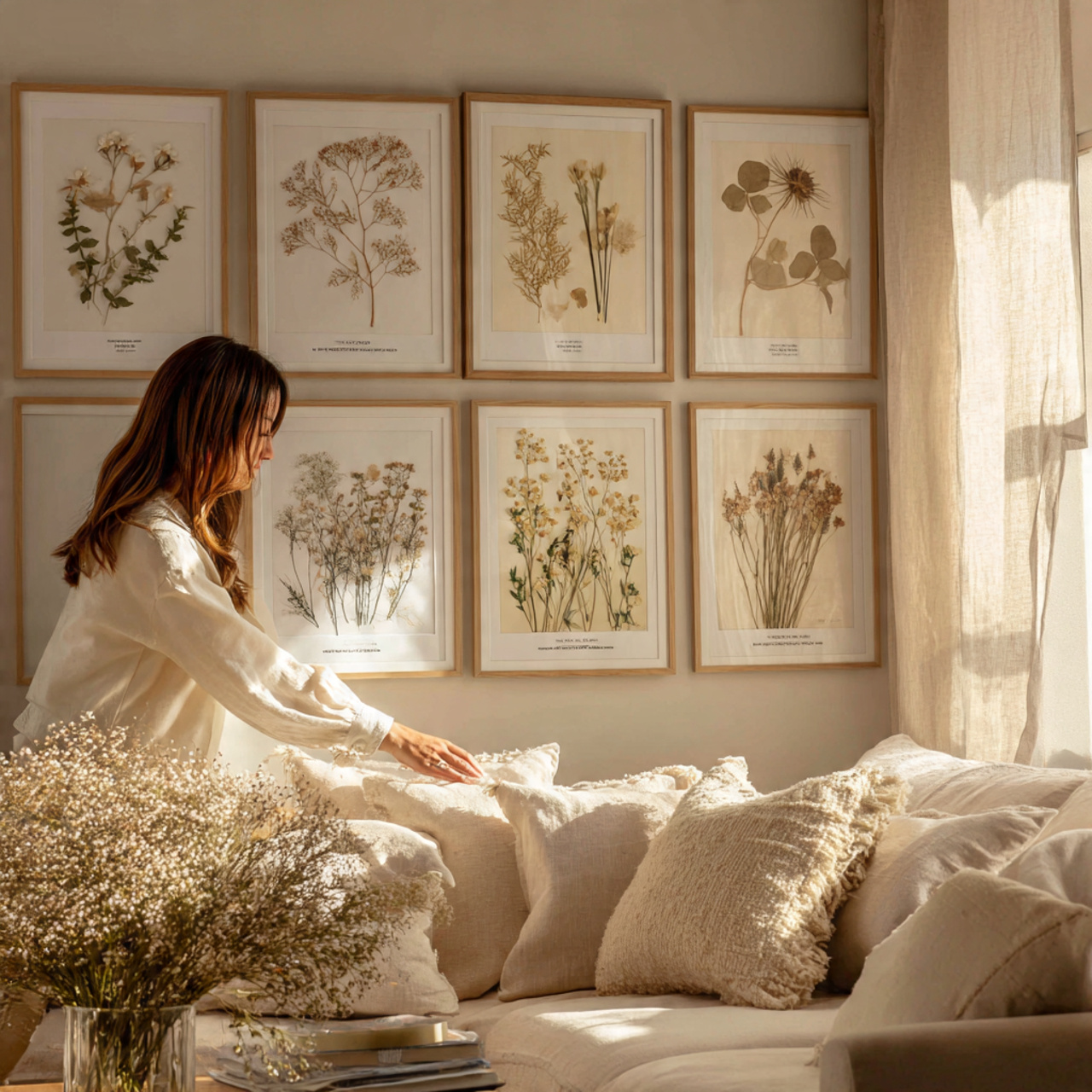a cozy living room with pressed flower art framed