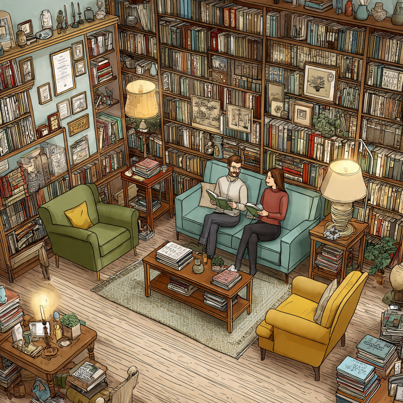 a cozy living room with walls lined with tall book