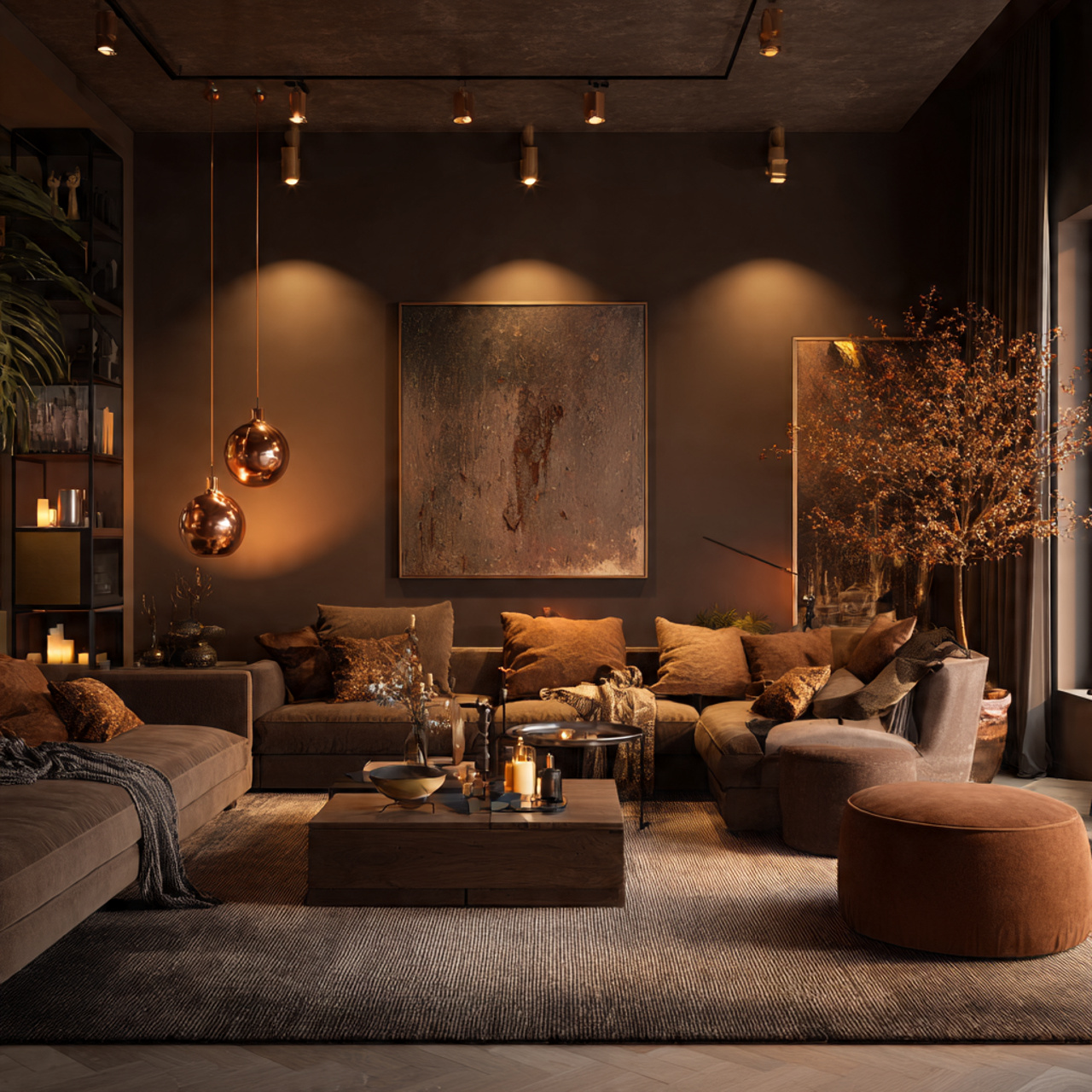 a cozy rich living room with cocoa brown walls and