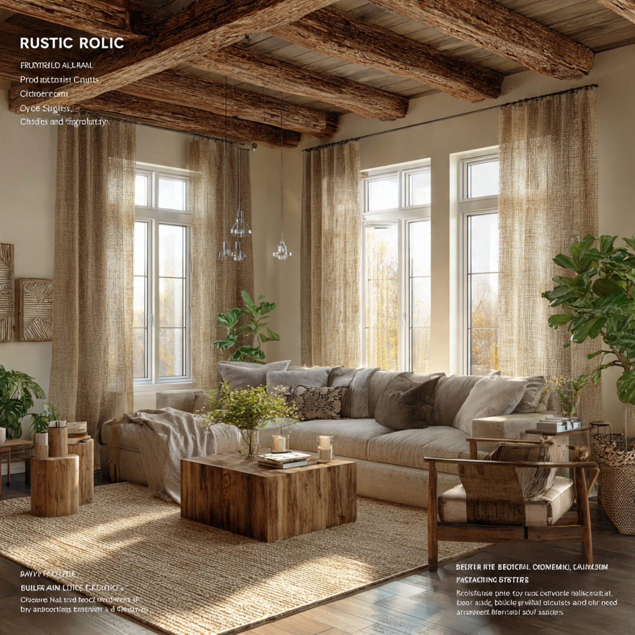 a cozy rustic living room featuring rustic burlap