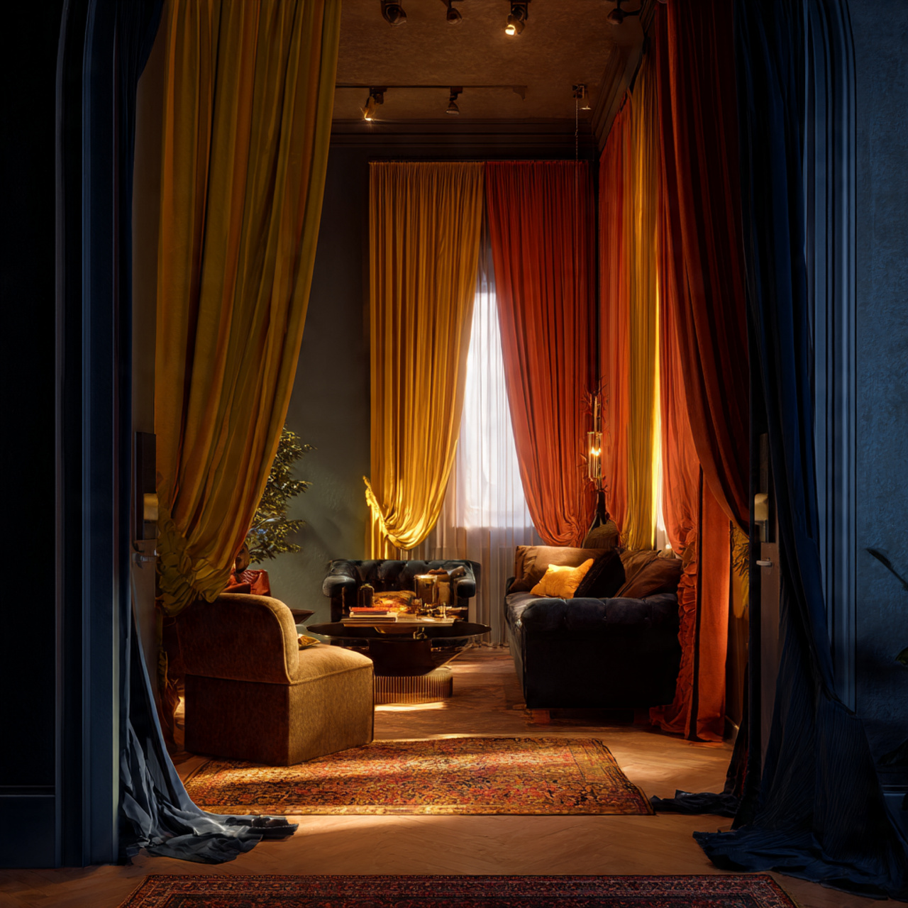 a cozy theatrical style living room featuring livi