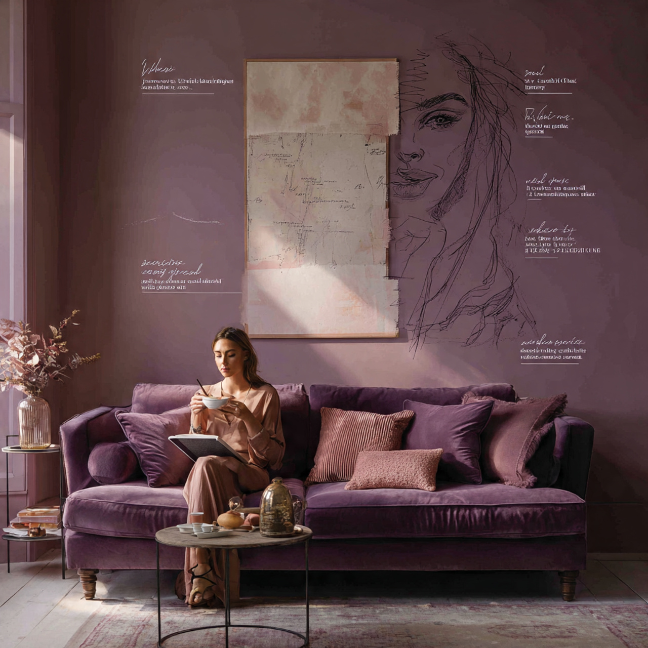 a creative and romantic living room with dusty mau