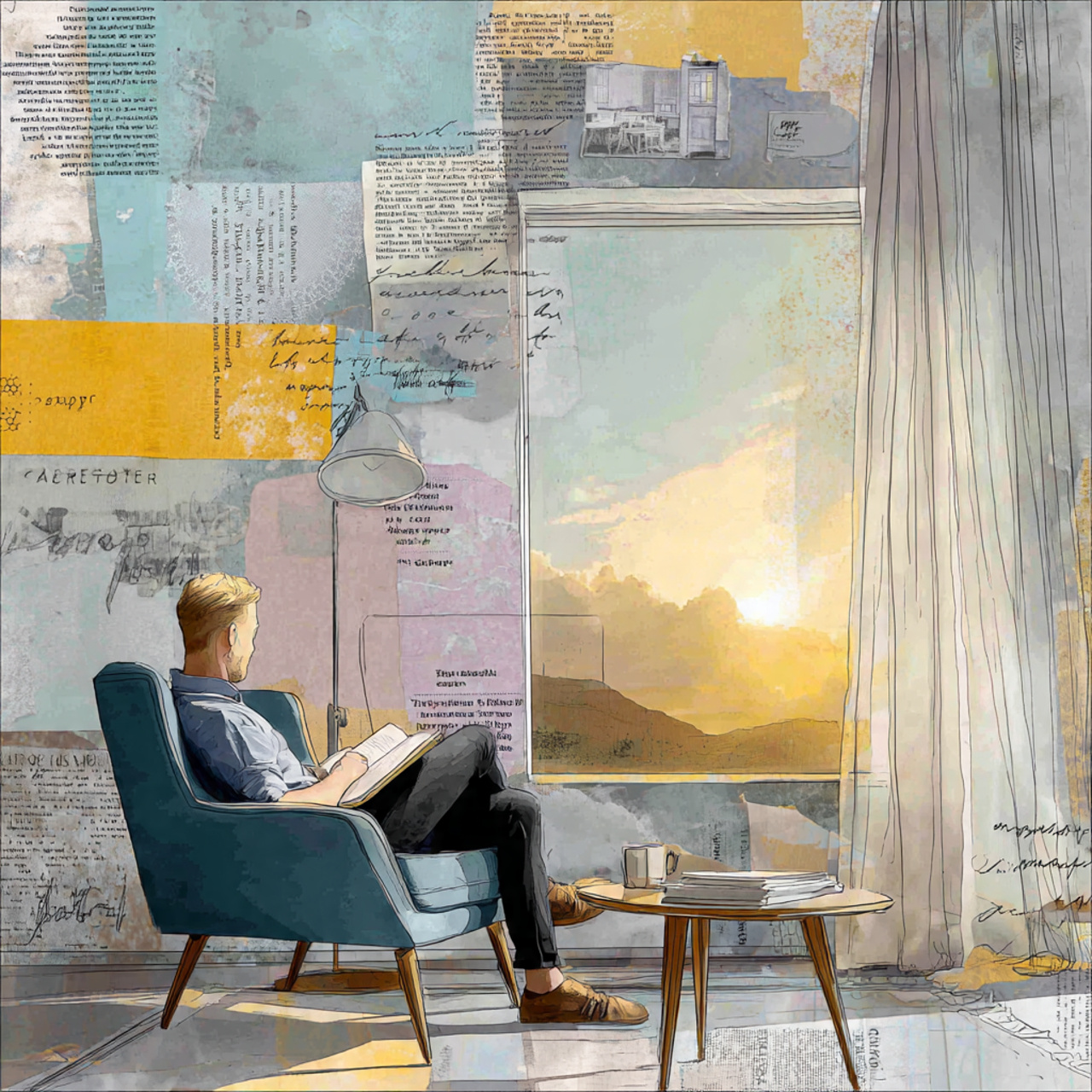 a creative living room featuring a mixed media col