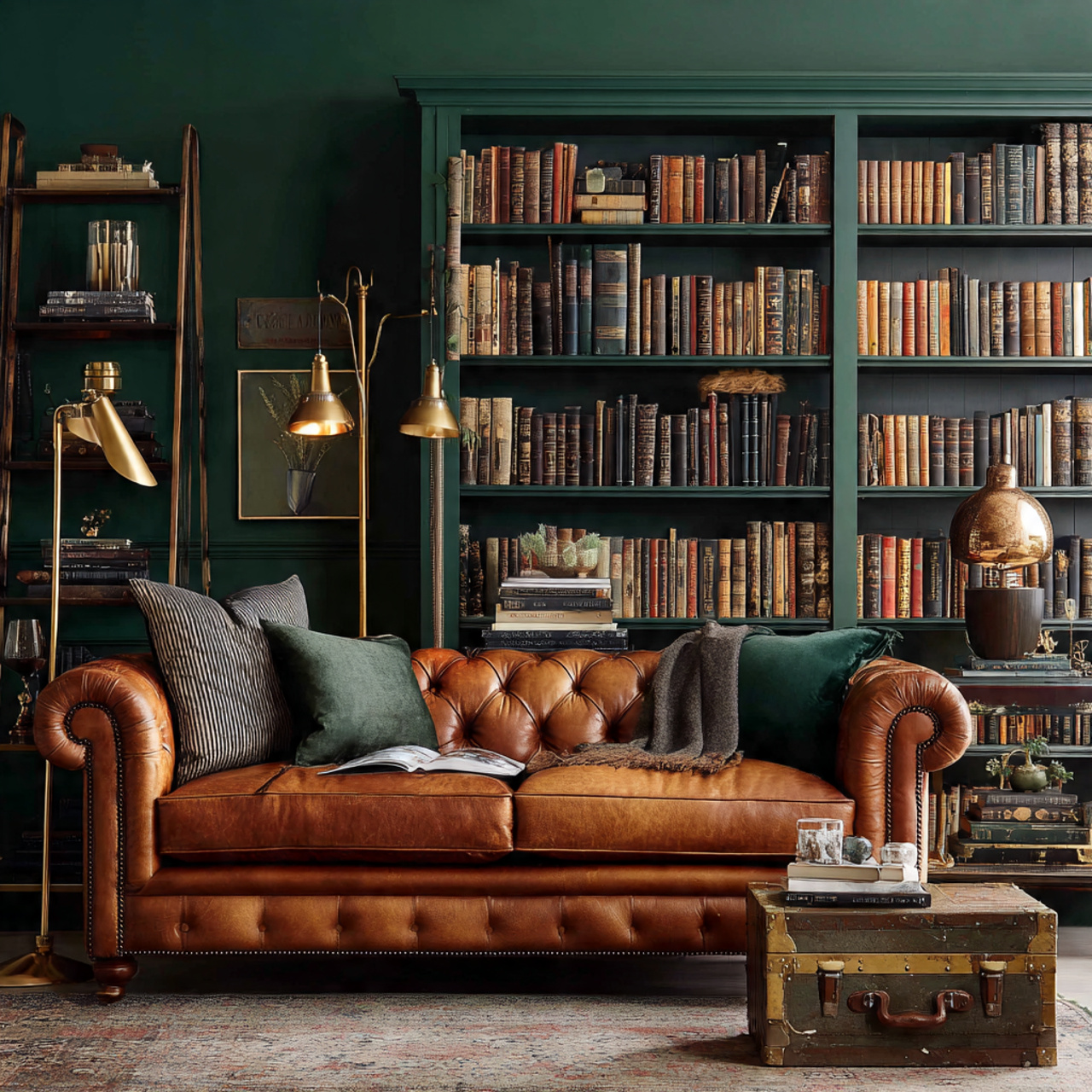 a deep moody living room with rich forest green wa