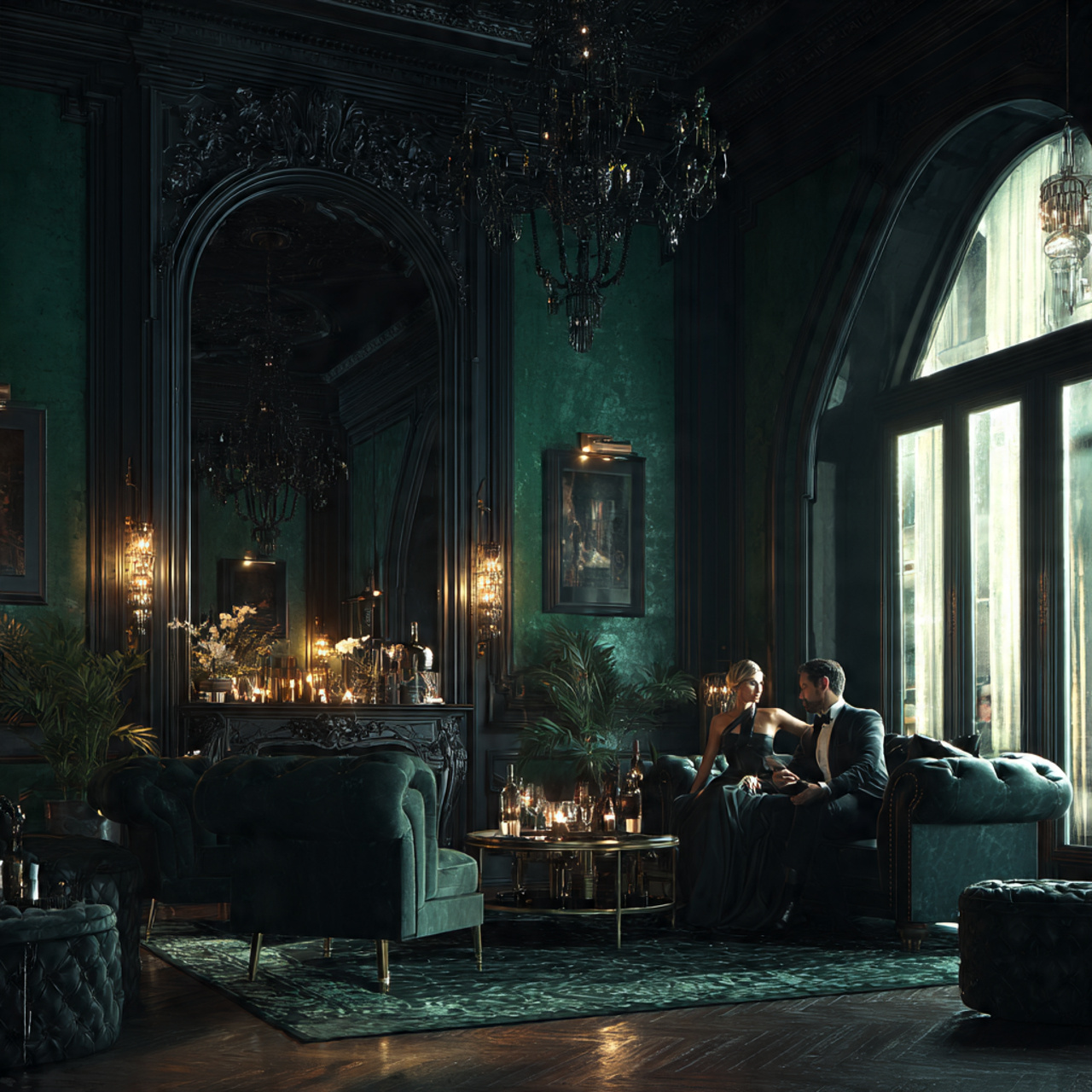 a dramatic luxurious space with emerald green wall