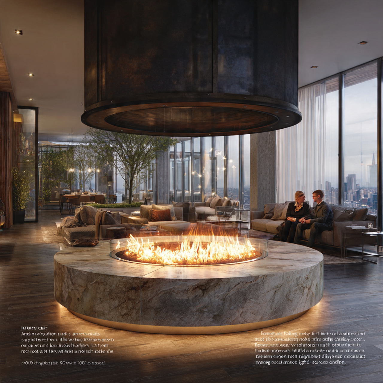 a dramatic open concept living room with fireplace