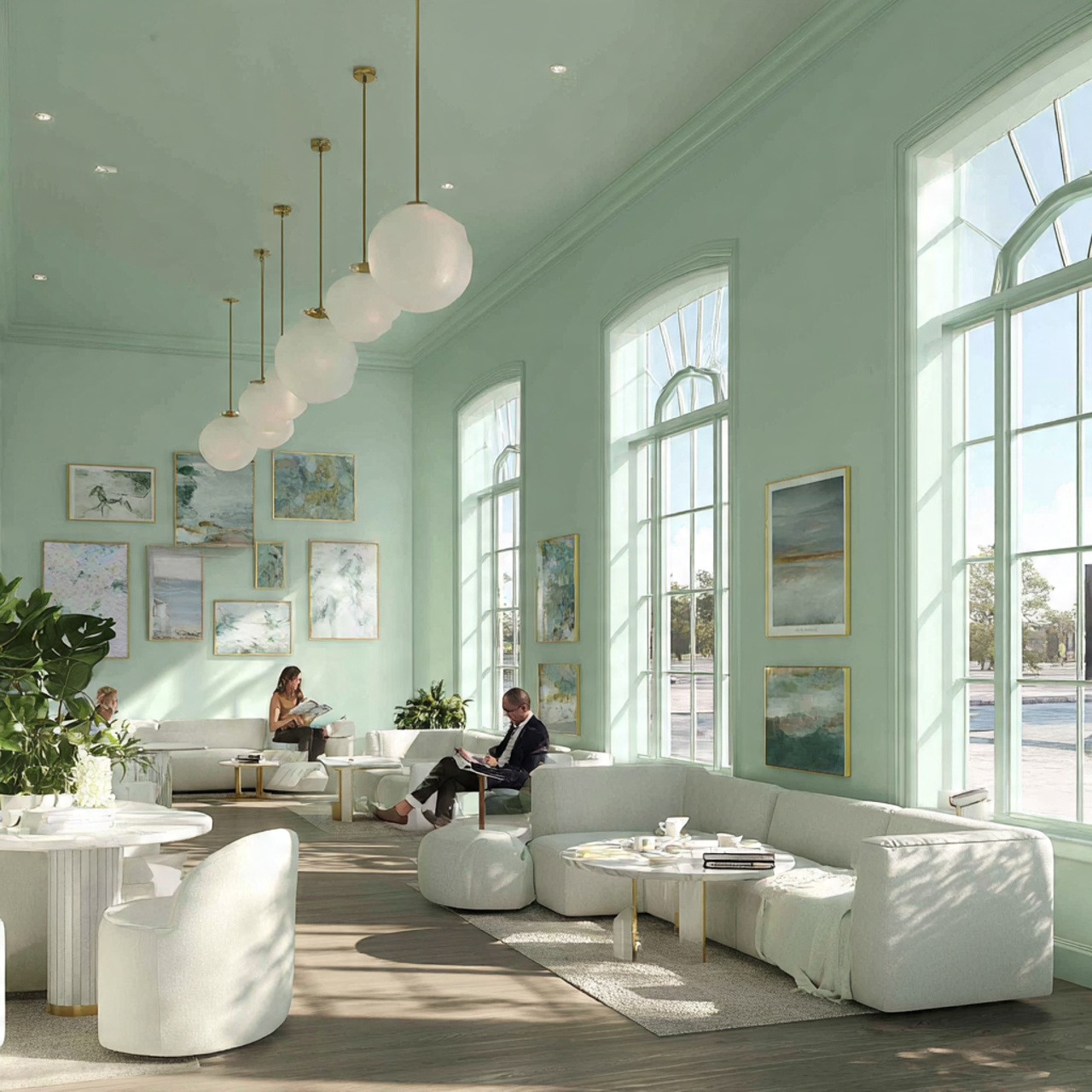 a fresh and airy space featuring mint green walls