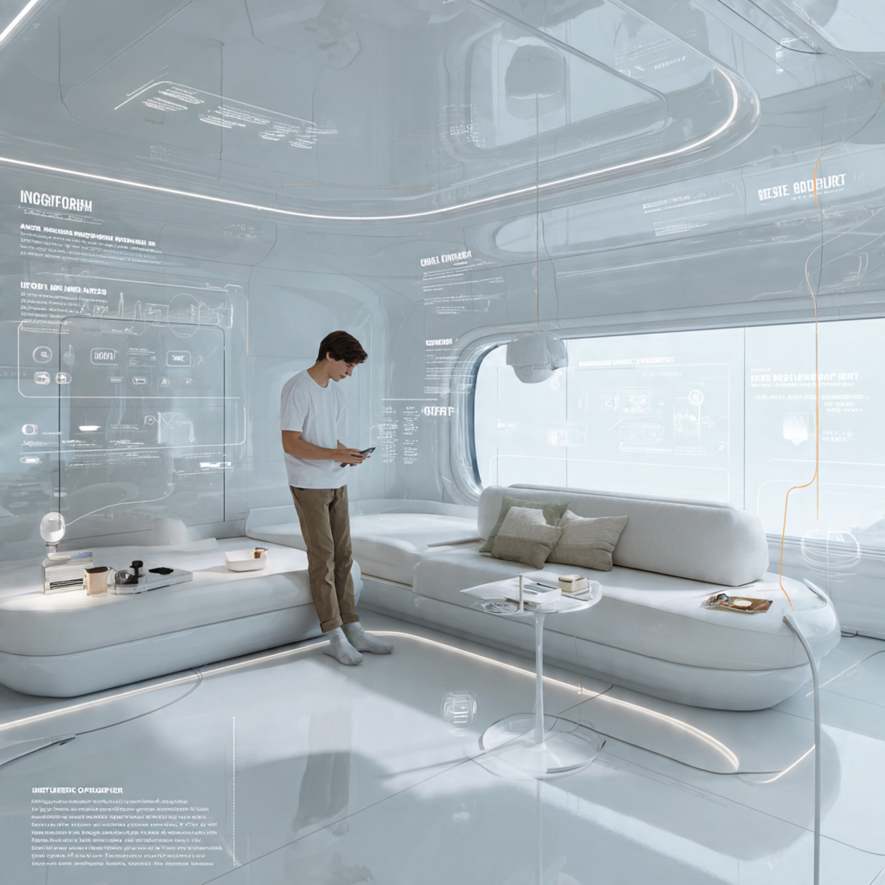 a futuristic living room with glossy white surface