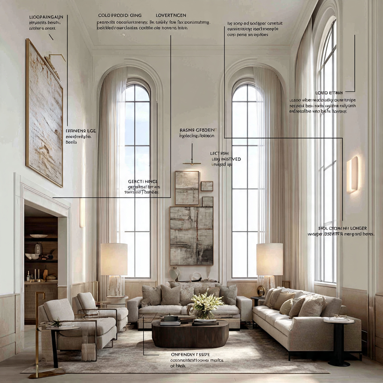 a grand living room with double height ceilings ov