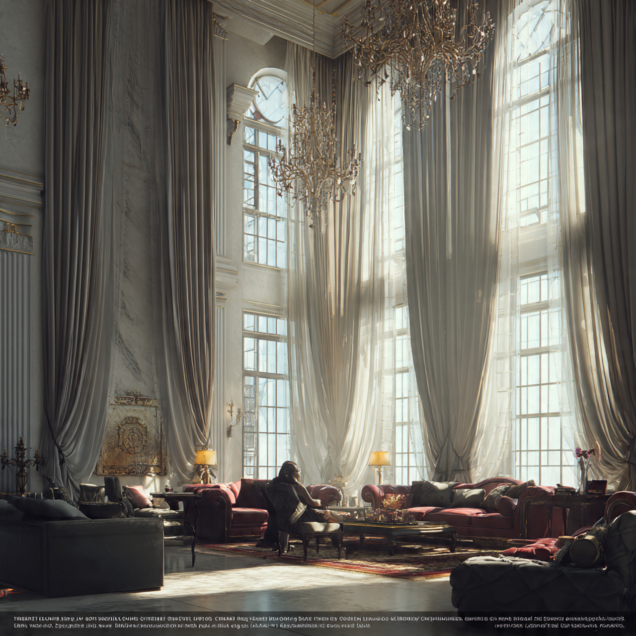 a grand living room with soaring ceilings featurin