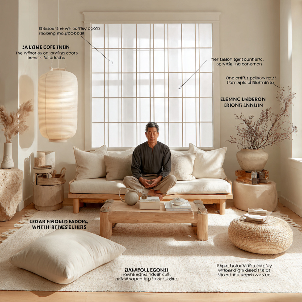 a japandi inspired living room with neutral beige