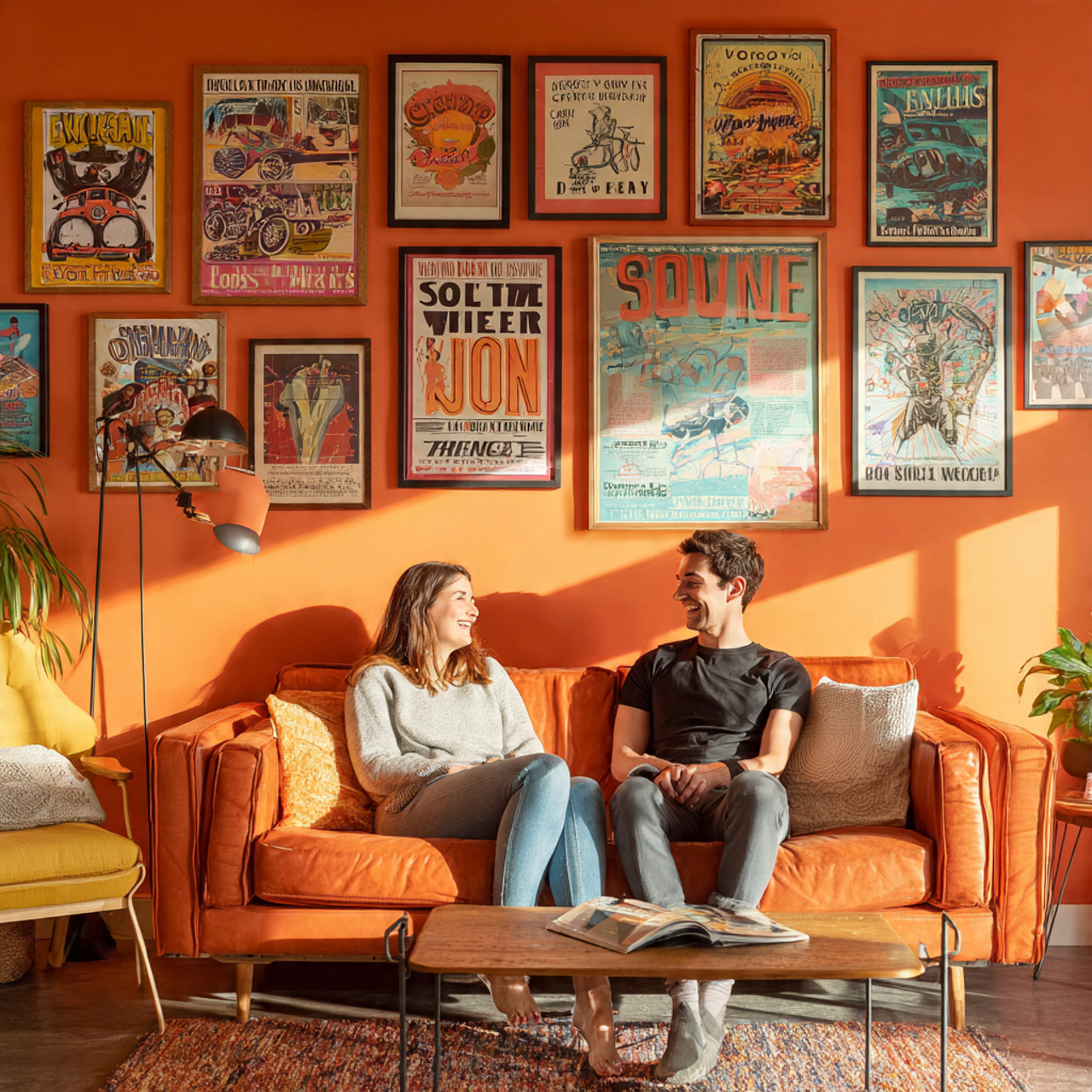 a lively and vibrant living room with burnt orange