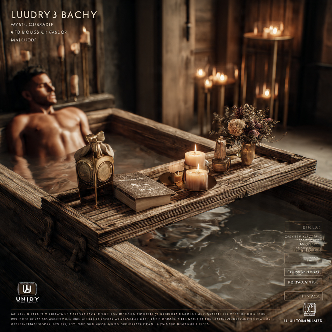 a luxurious bathtub scene with a reclaimed wood ba