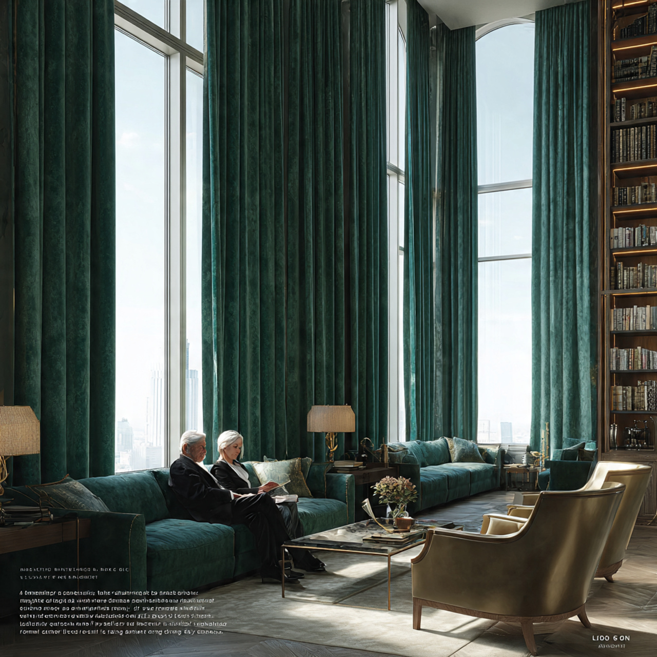 a luxurious living room with deep emerald velvet f