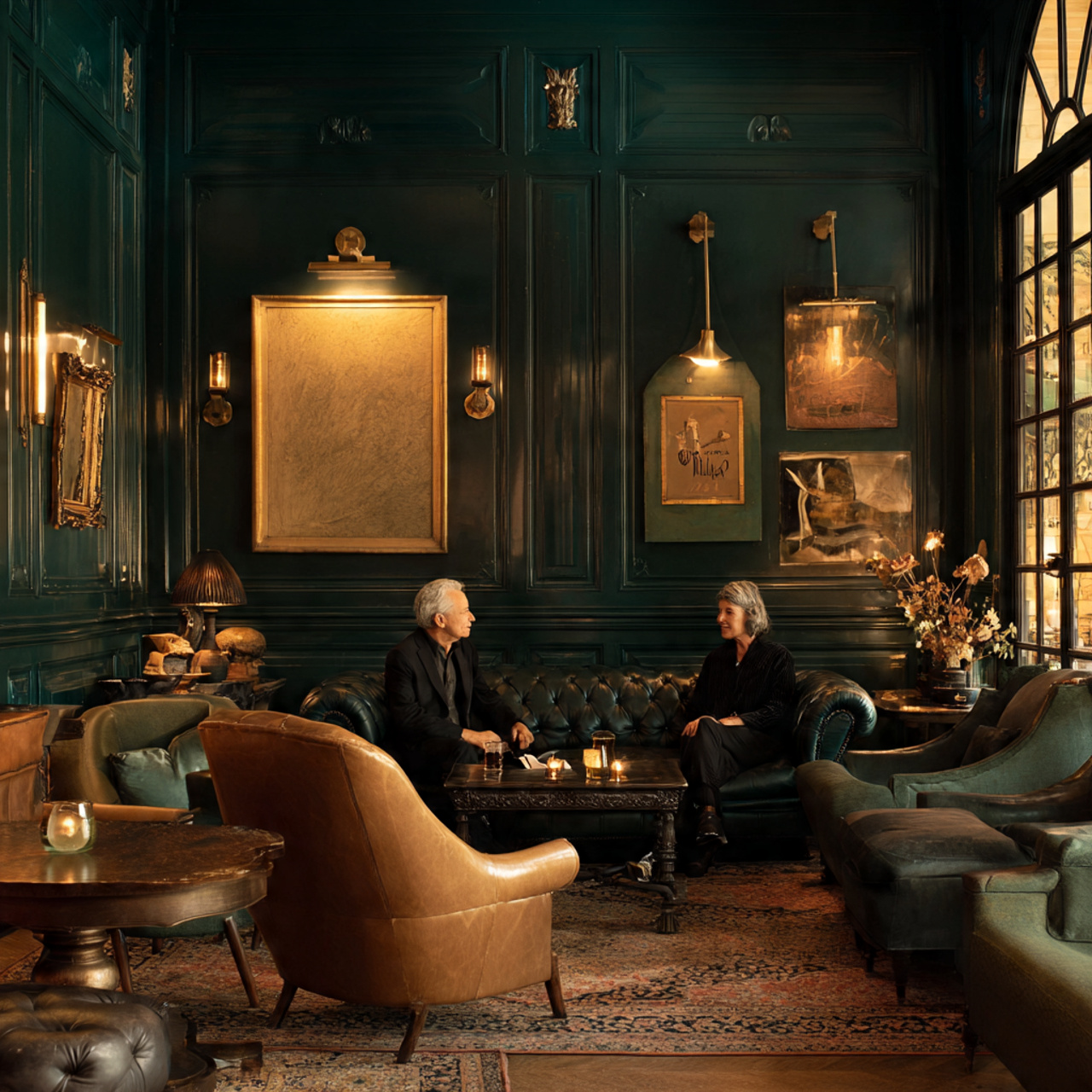 a luxurious living room with deep forest green wal