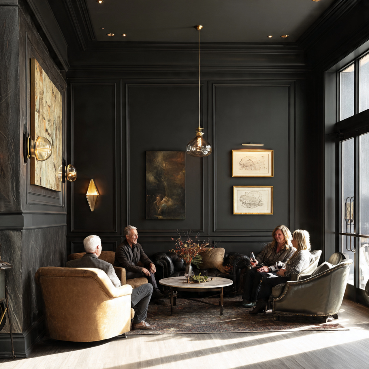 a luxurious lounge with moody charcoal gray walls