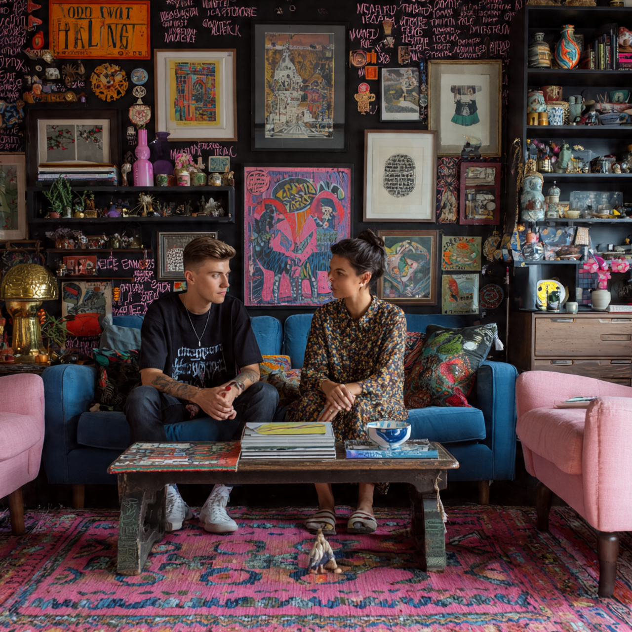 a maximalist living room filled with layered rugs