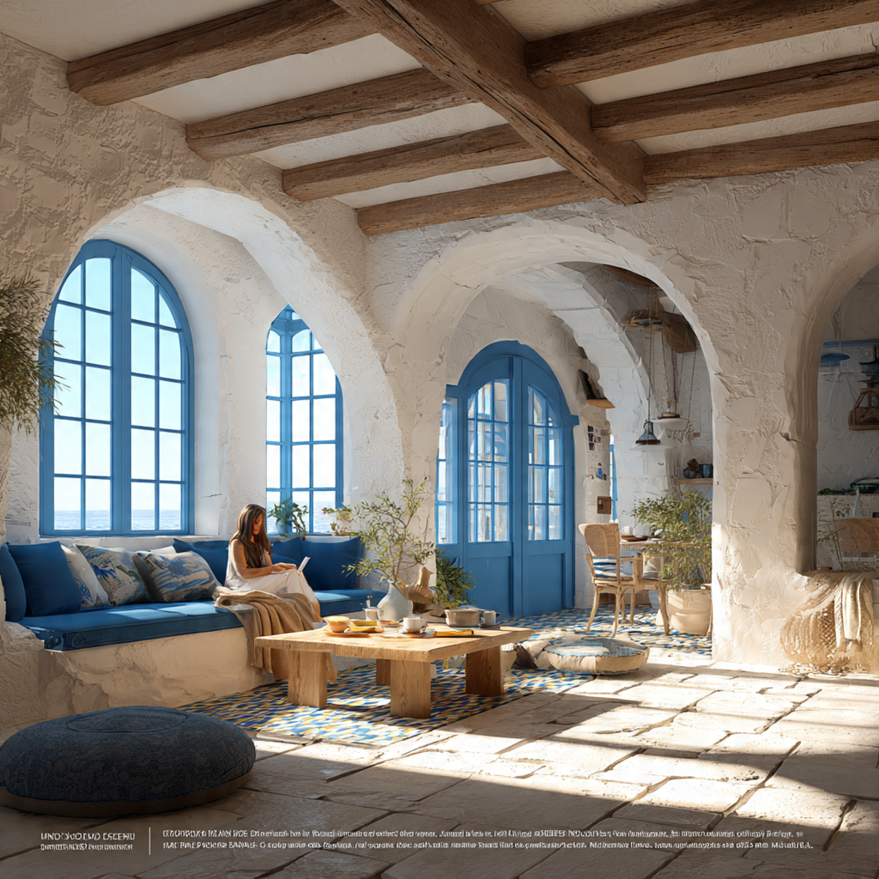 a mediterranean style living room with whitewashed