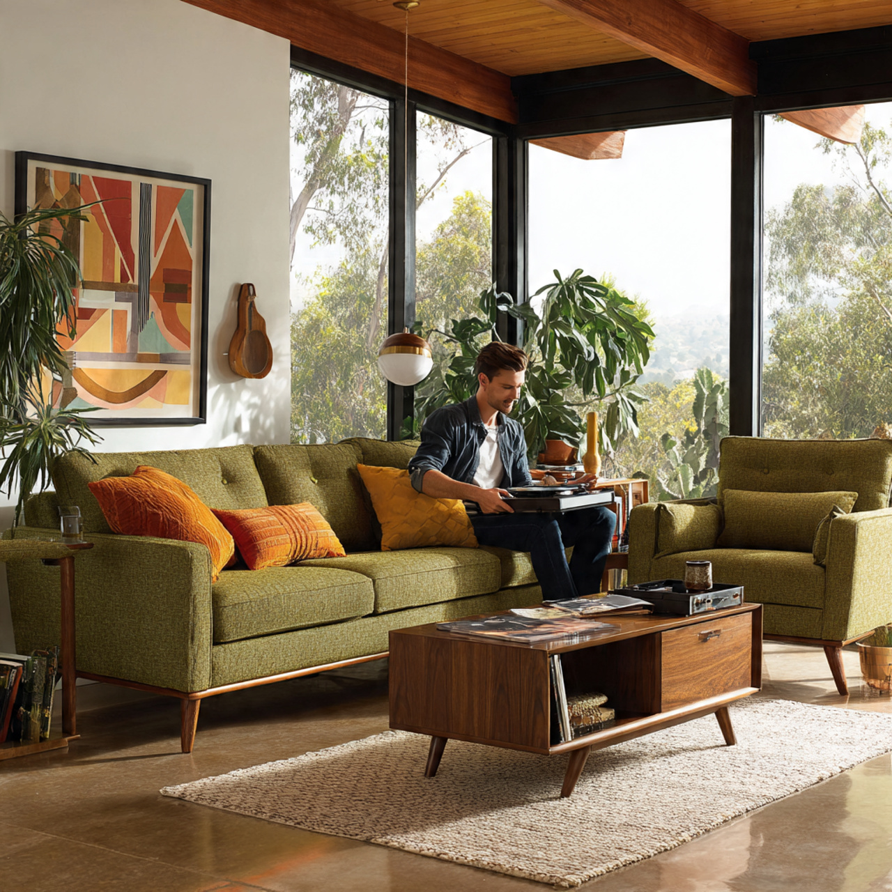 a mid century modern living room featuring olive g