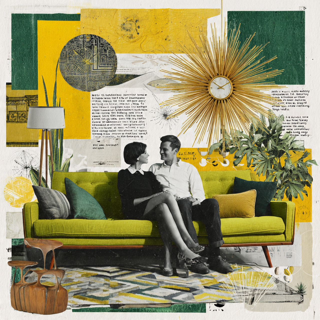 a mid century modern living room with organic shap