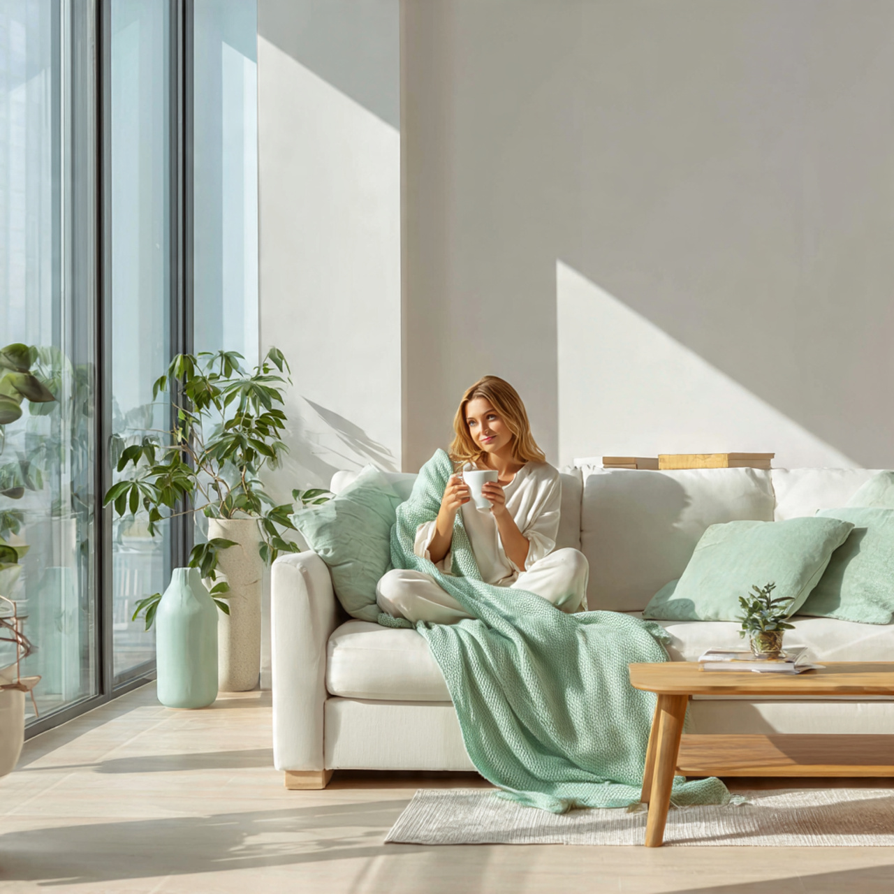 a minimalist living room with mint green accents o