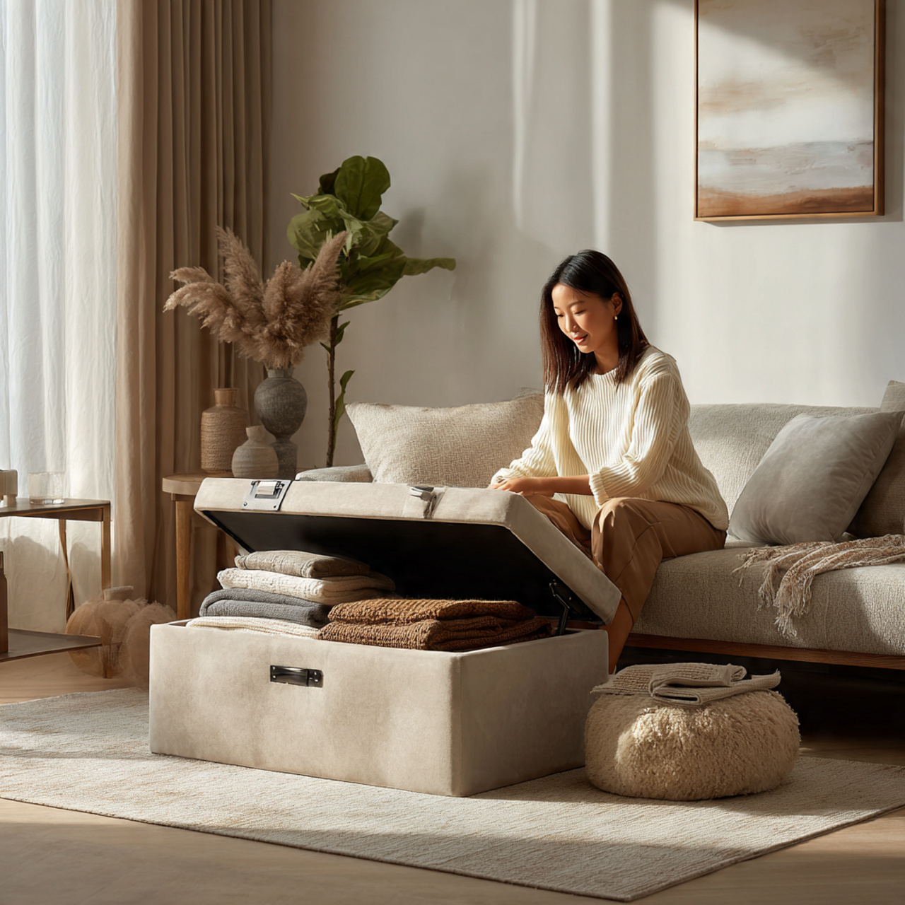 a modern and clutter free living room with hidden