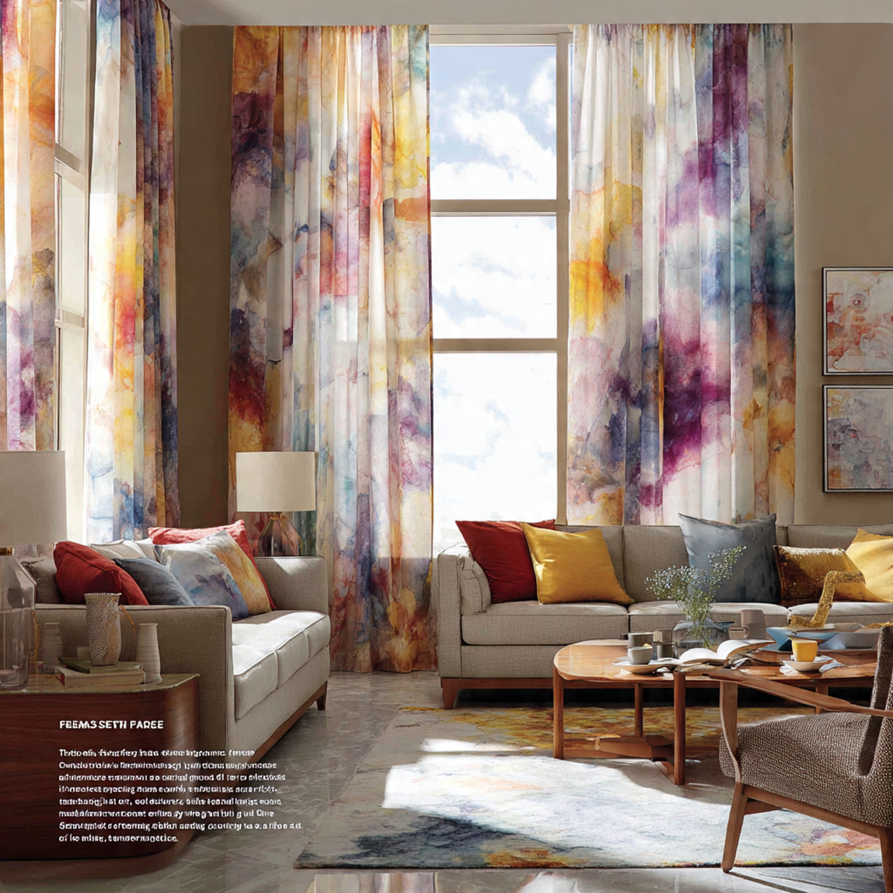 a modern artistic living room featuring abstract w