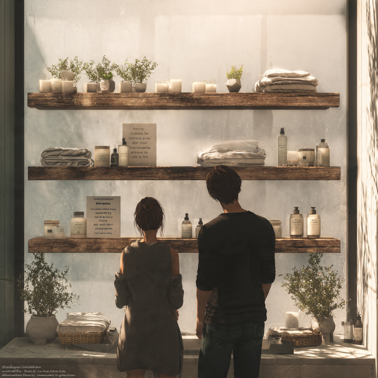 a modern bathroom featuring floating wood shelves