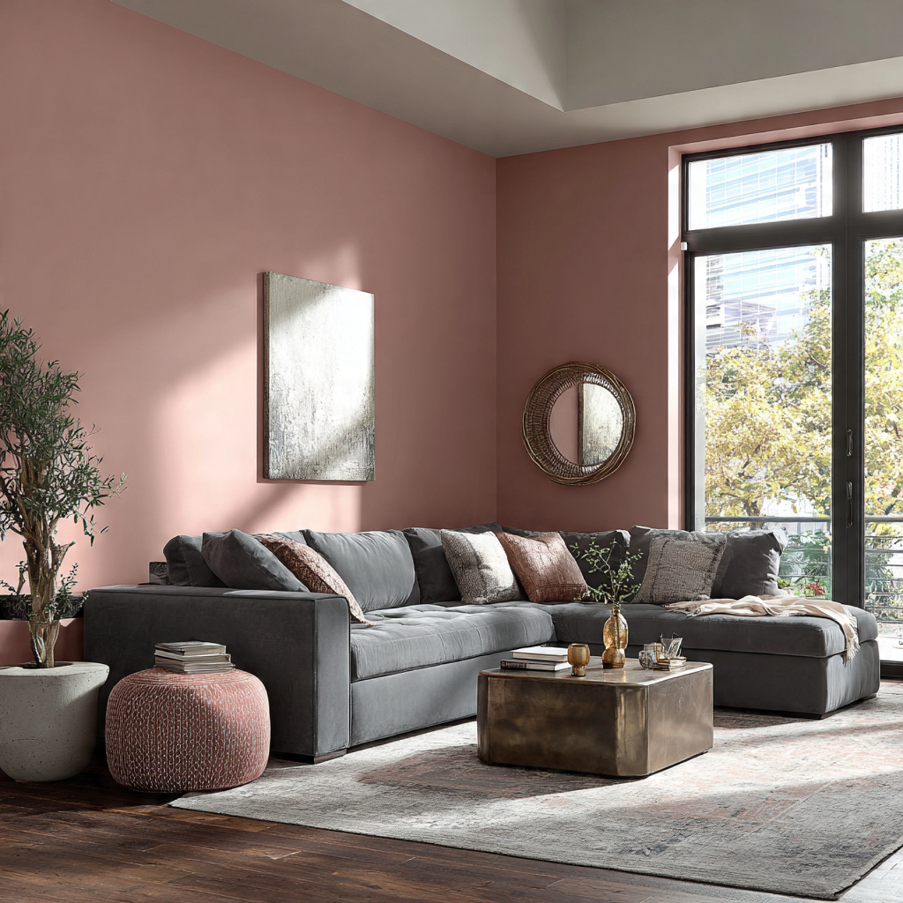 a modern elegant living room blending dusty rose w