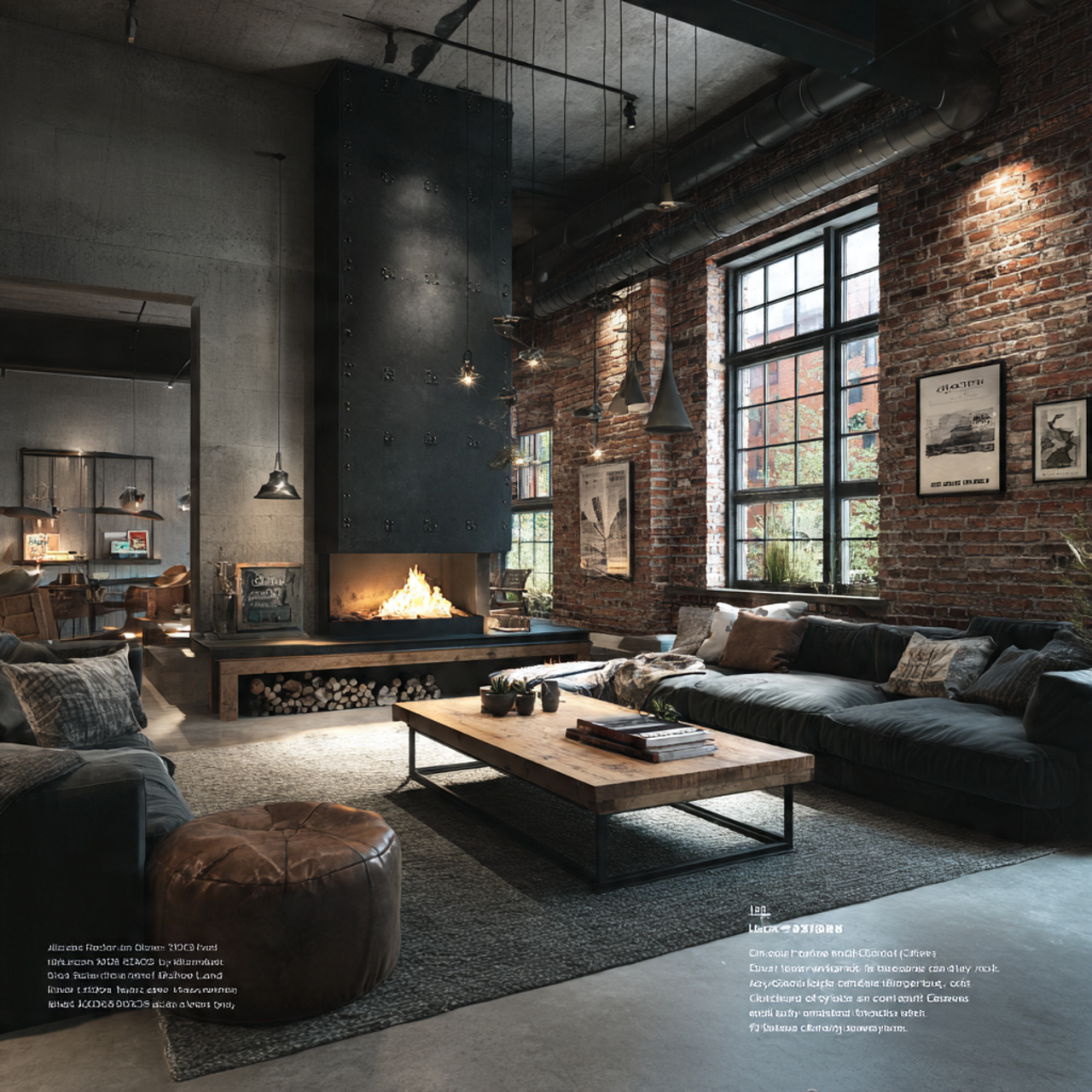 a modern industrial living room with fireplace ide
