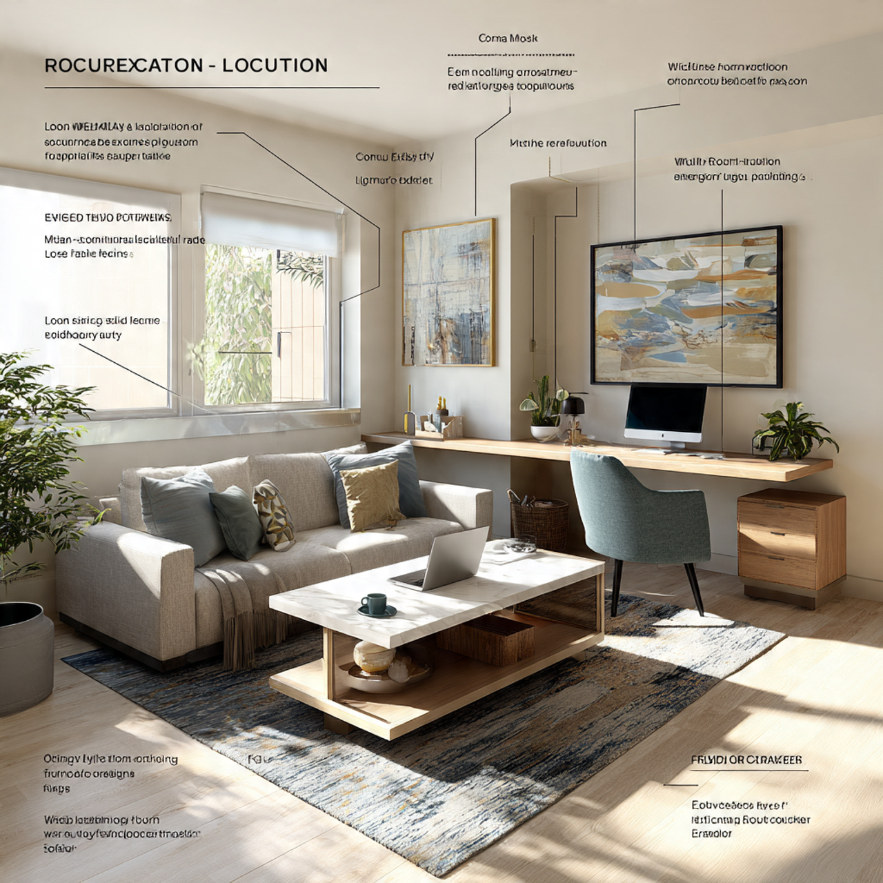 a modern living room combining work and