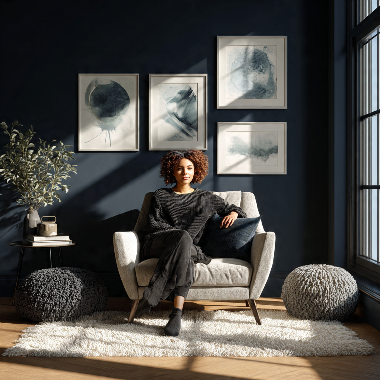 a modern living room featuring a bold dark navy ac
