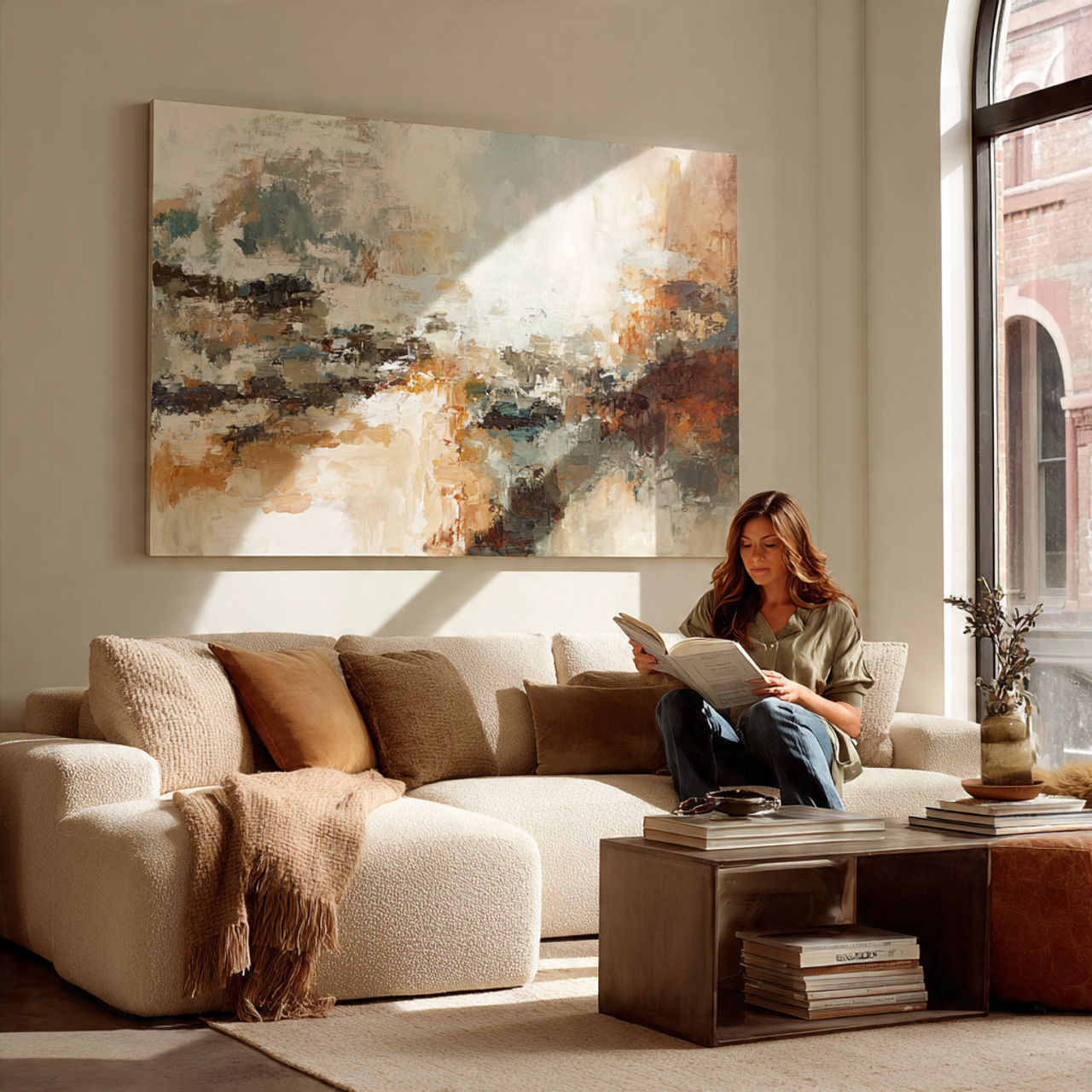 a modern living room featuring a large abstract ca