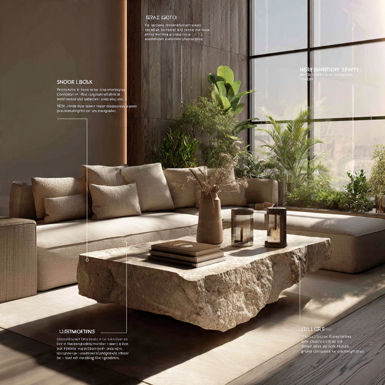 a modern living room featuring a sculptural stone