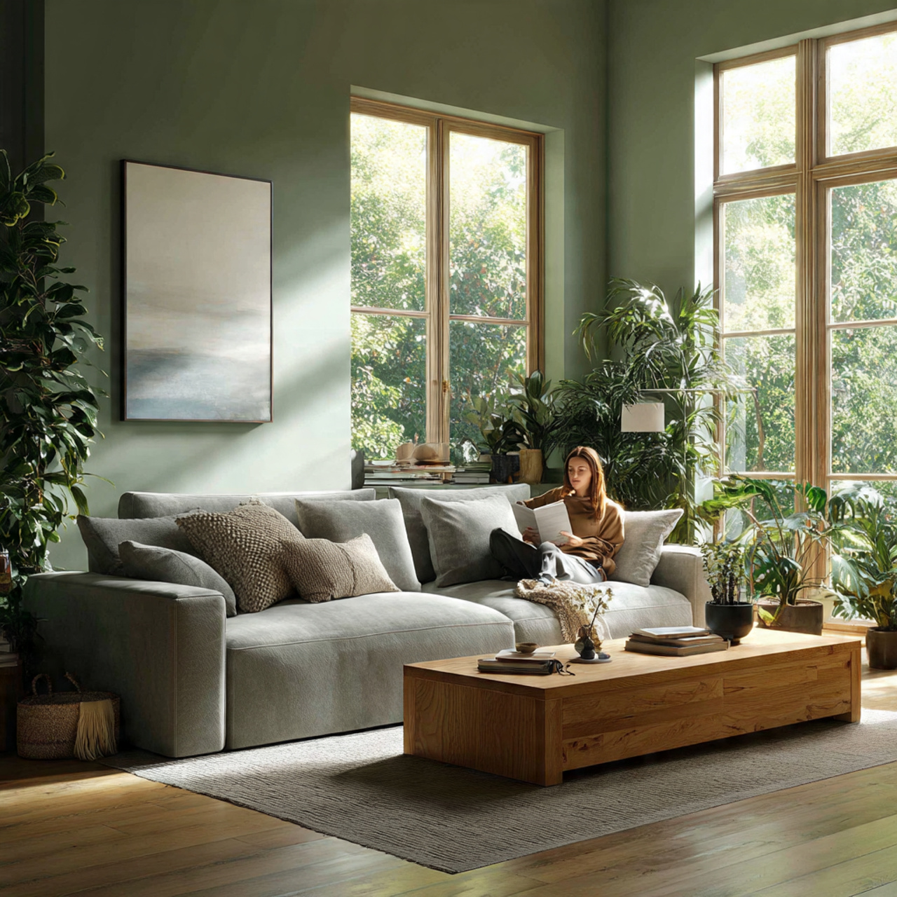 a modern living room featuring a soft sage green a