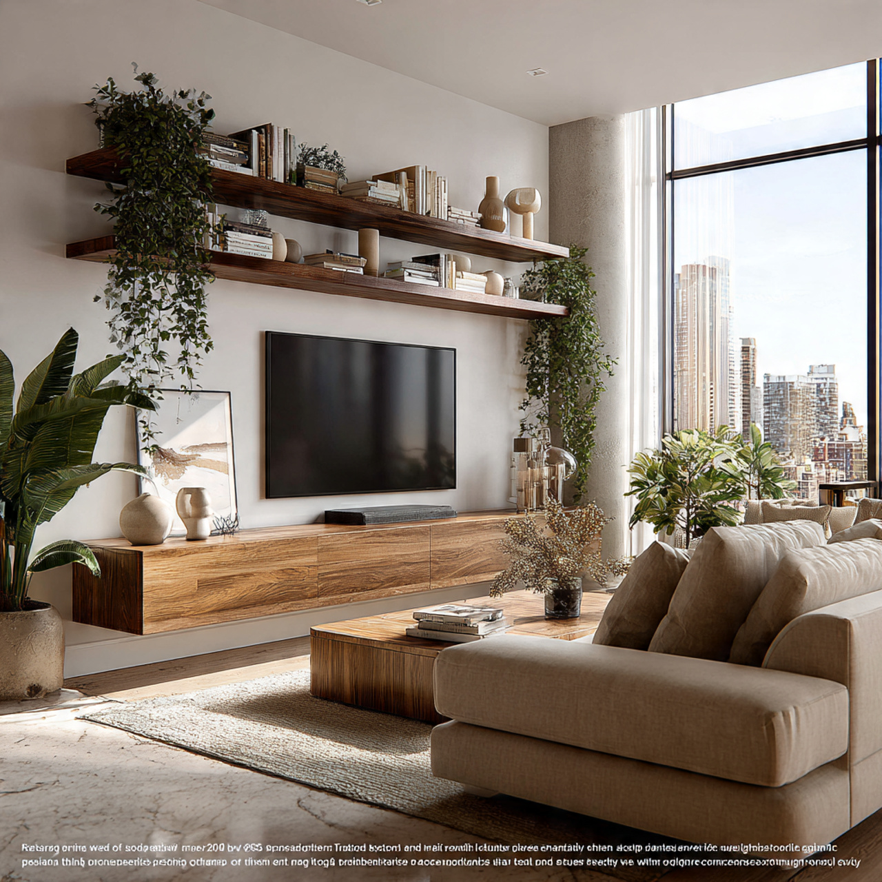 a modern living room featuring floating walnut she