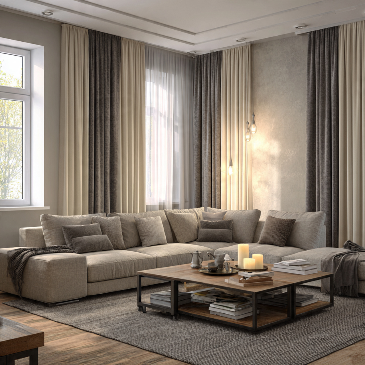 a modern living room featuring layered double rod
