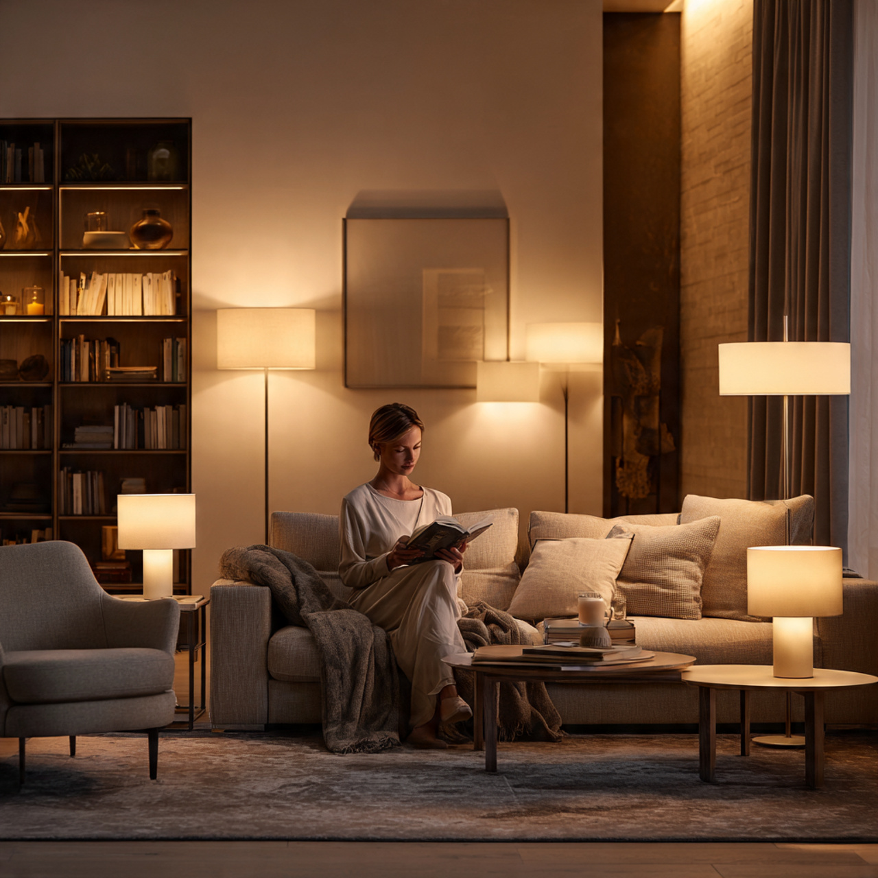 a modern living room featuring layered zonal light