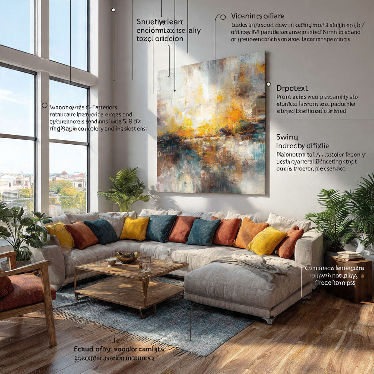 a modern living room featuring oversized abstract