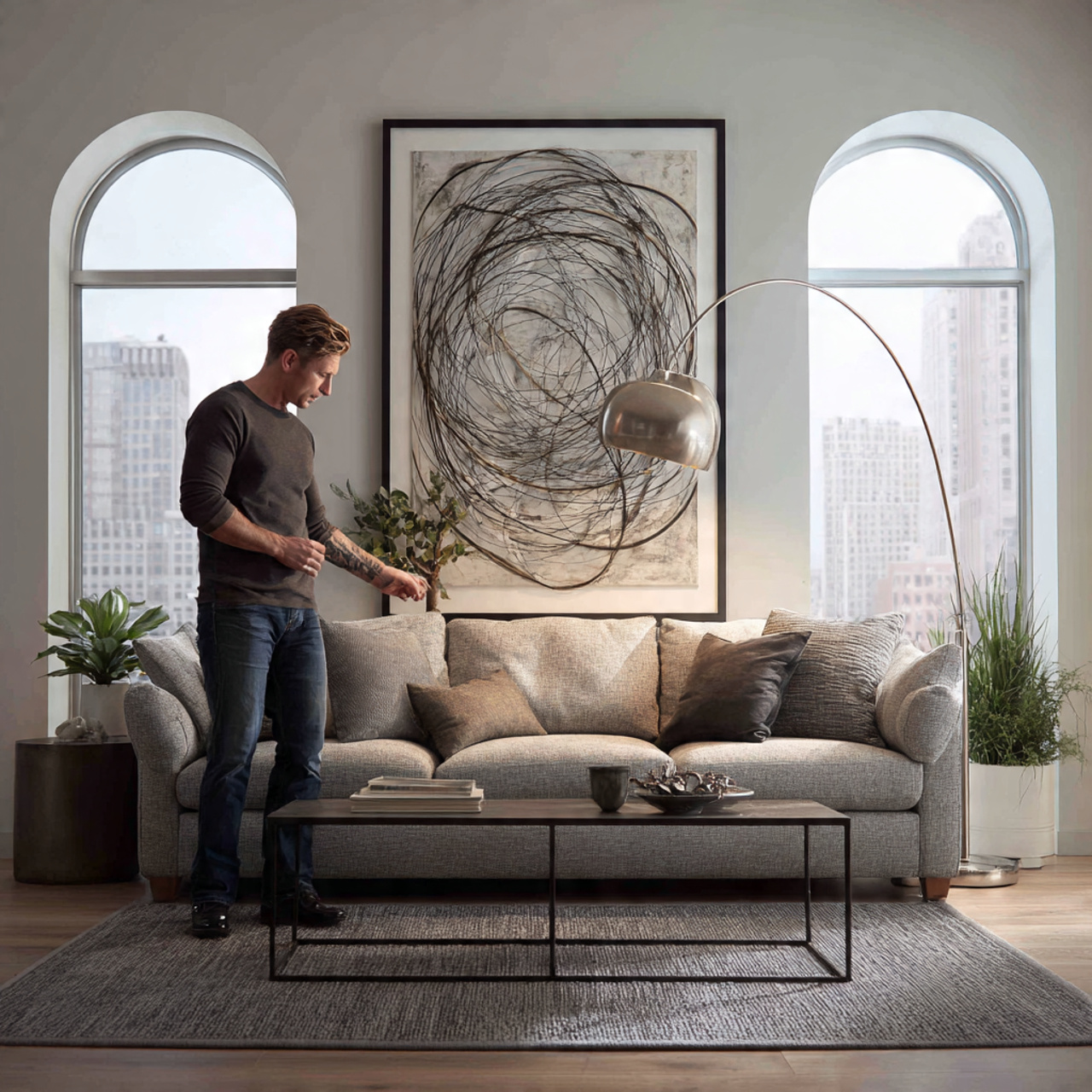 a modern living room featuring sculptural metal wa