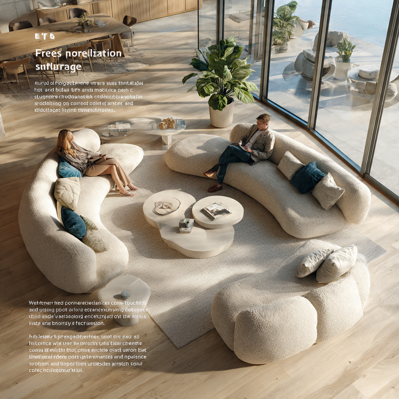 a modern living room featuring soft pebble shaped