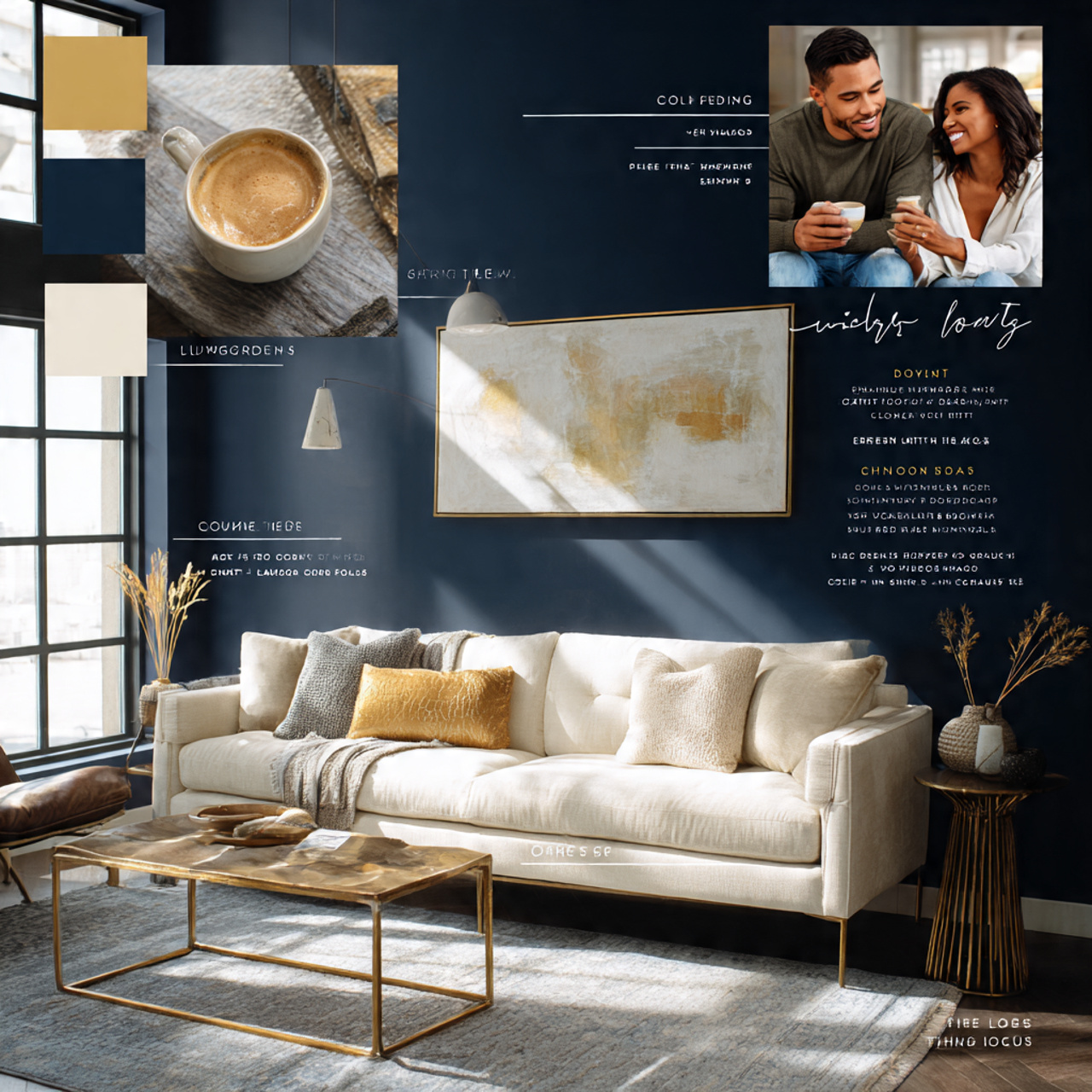 a modern living room with a deep navy accent wall