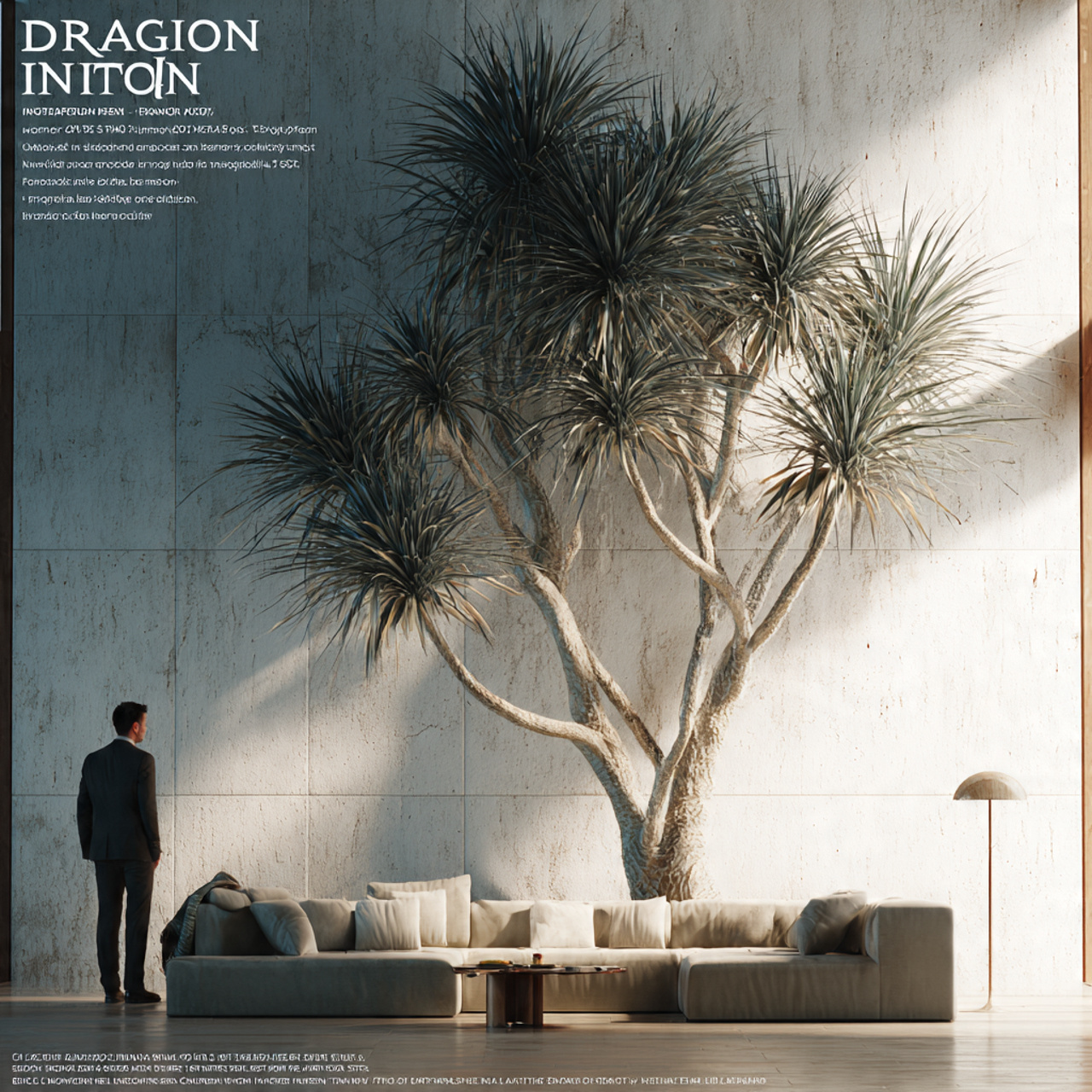 a modern living room with a dragon tree in a corne