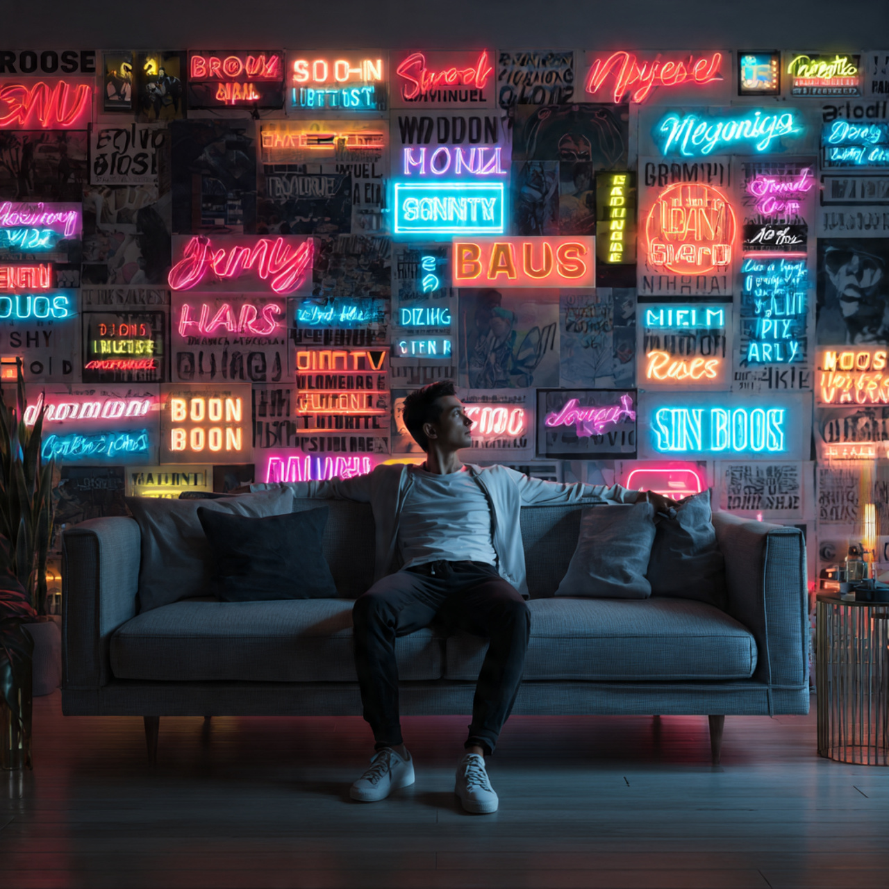 a modern living room with a glowing neon sign art