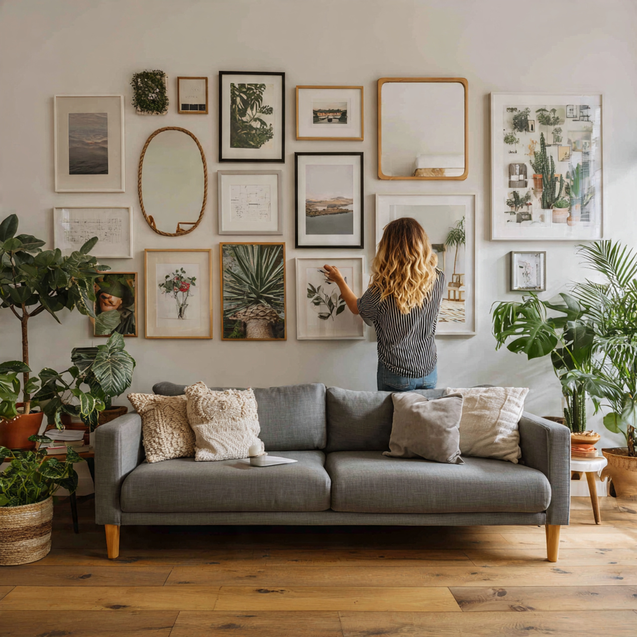 a modern living room with a mirror collage arrange