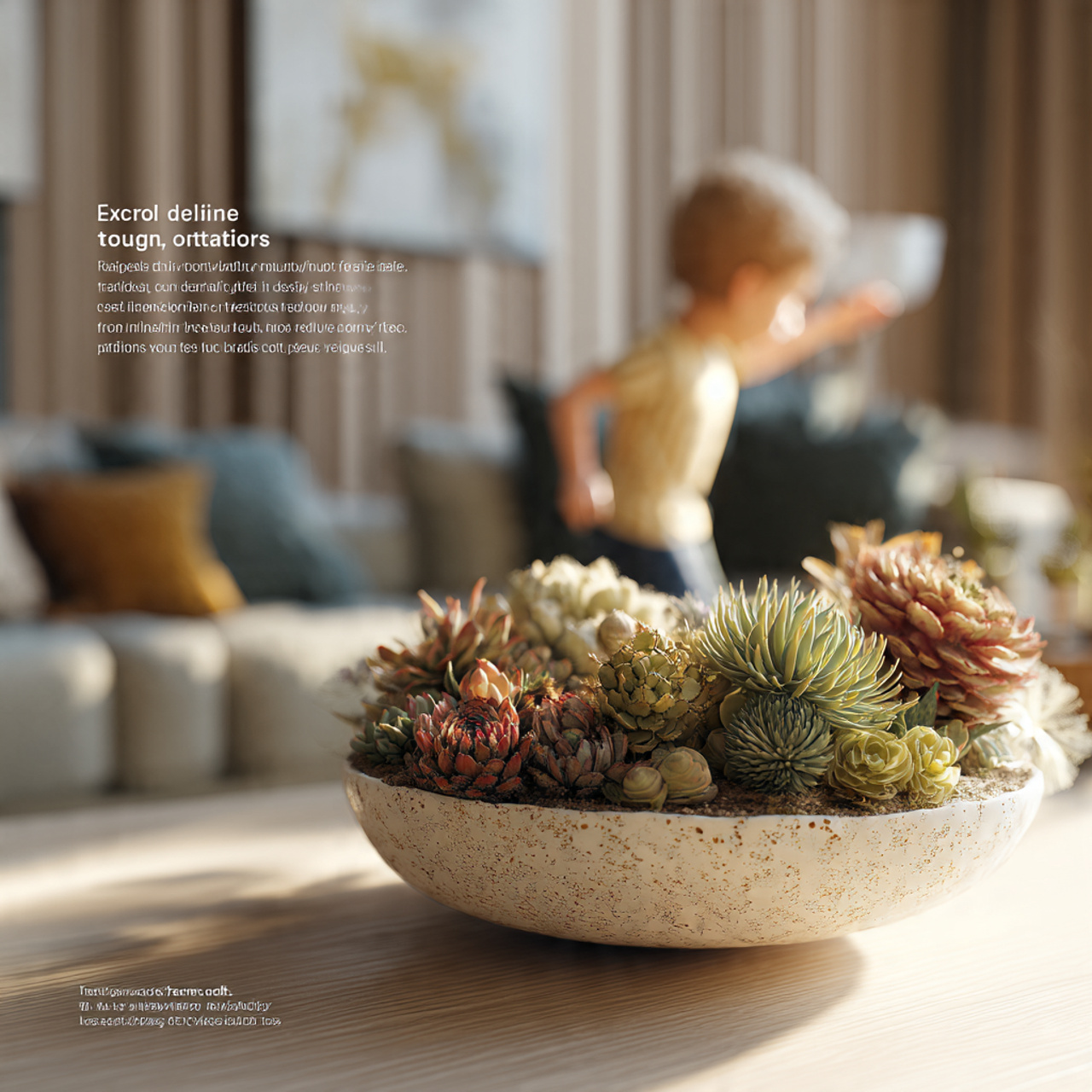 a modern living room with a shallow bowl of assort